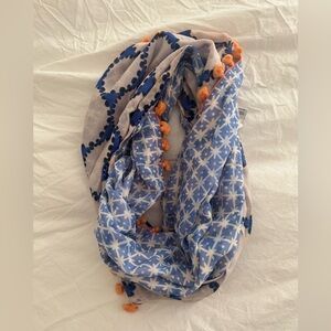 Diane VonFurstenberg Blue and White Scarf with Orange Pom-Poms